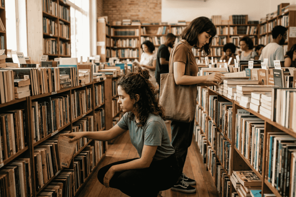 Pessoas garimpando ofertas para comprar livros baratos em uma livraria aconchegante e repleta de estantes.