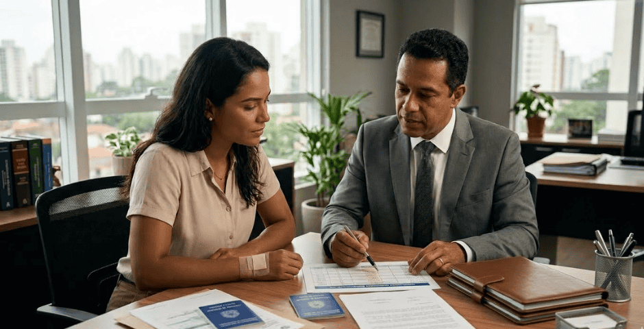 mulher recebendo orientação jurídica por Doença ocupacional