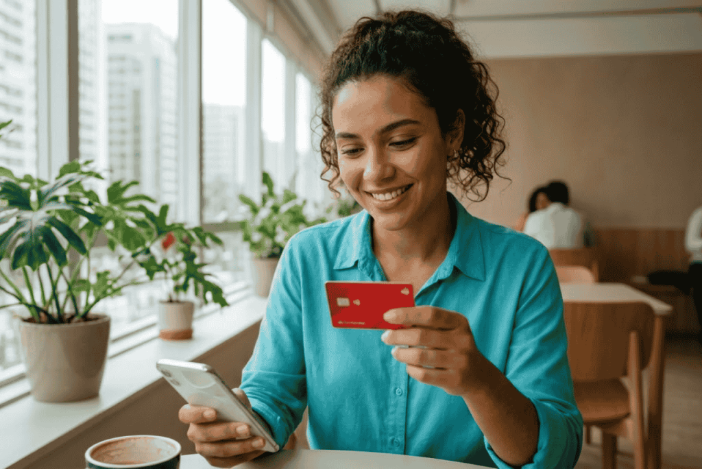 mulher segurando um cartão vermelho para ilustrar O Santander oferece cartão de crédito para negativados