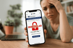 Uma mulher com expressão de preocupação olhando para o celular que mostra um CPF irregular, ilustrando "Quais são as dívidas que bloqueiam o CPF"