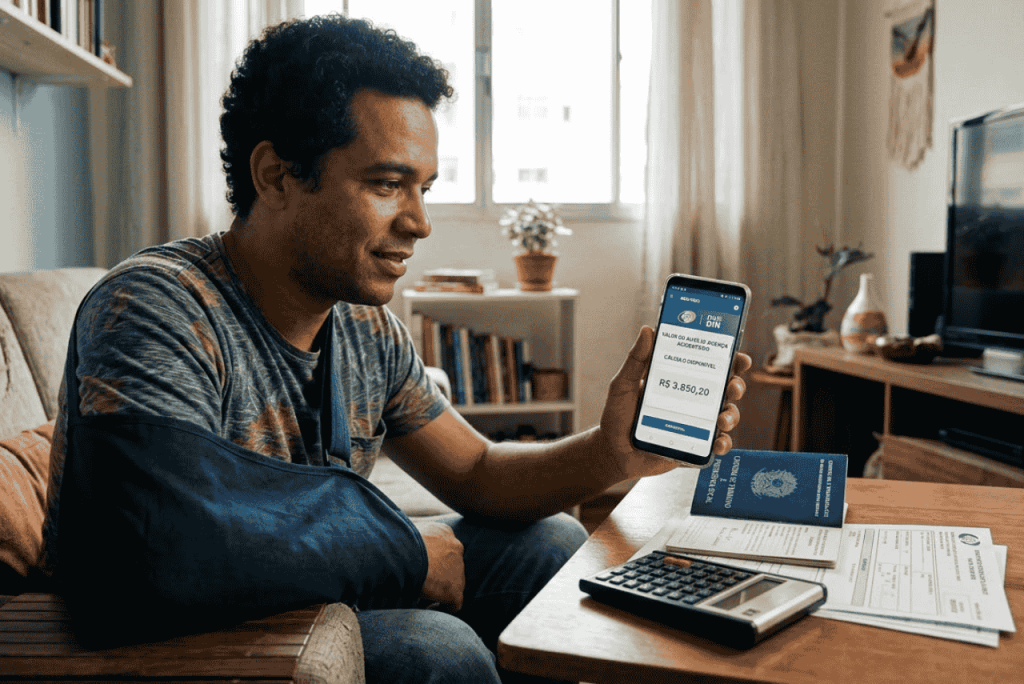 Homem sorrindo em casa com o braço em uma tipóia, segurando um celular que exibe o aplicativo do Plusdin com o cálculo do valor do auxílio-doença acidentário, ao lado de uma calculadora e sua carteira de trabalho sobre a mesa.