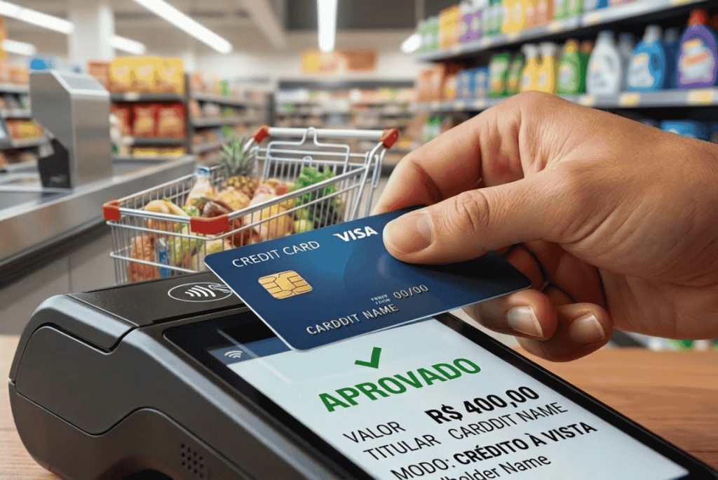 close-up de mão de consumidor usando cartão de crédito que não consulta SPC e Serasa com limite em maquininha de pagamento no caixa de supermercado, com tela exibindo "APROVADO" em fundo verde, rodeada por gôndolas de produtos