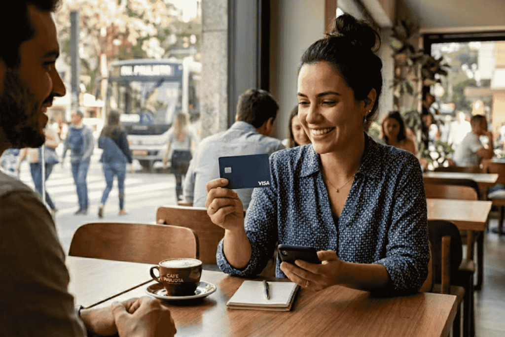 mulher sentada na mesa de um café segurando um cartão de crédito que vem como limite de R$ 1000