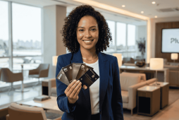 mulher segurando vários cartões premium Brasil