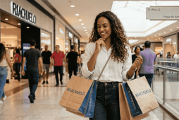 mulher feliz no shopping após fazer compras e receber o cashback Midway