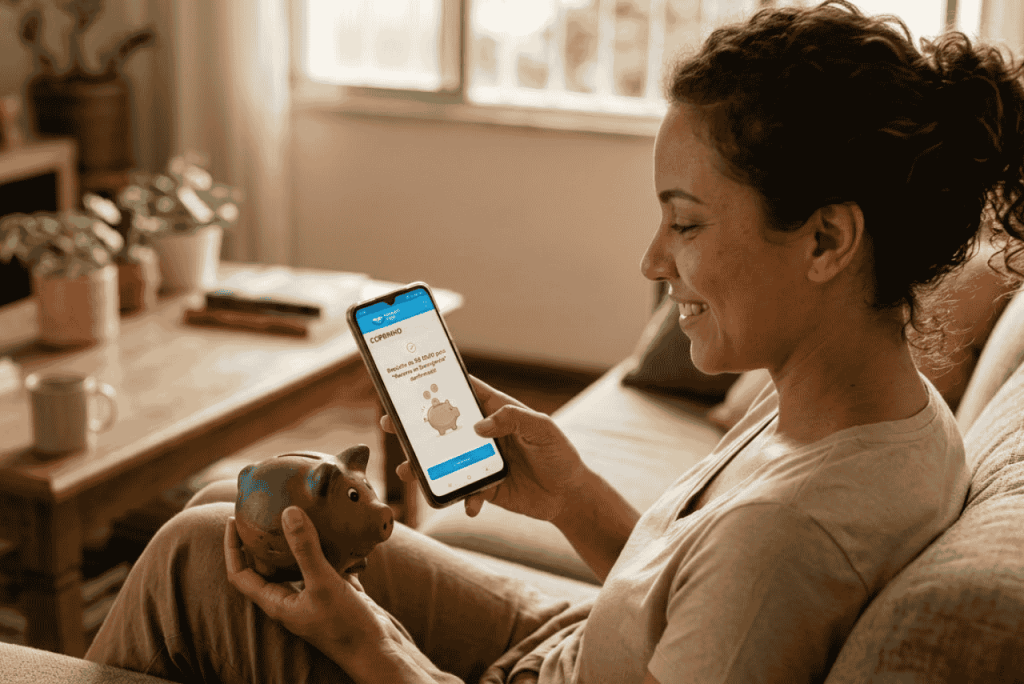 mulher com celular na mão ilustrando como funciona o cofrinho do Mercado Pago