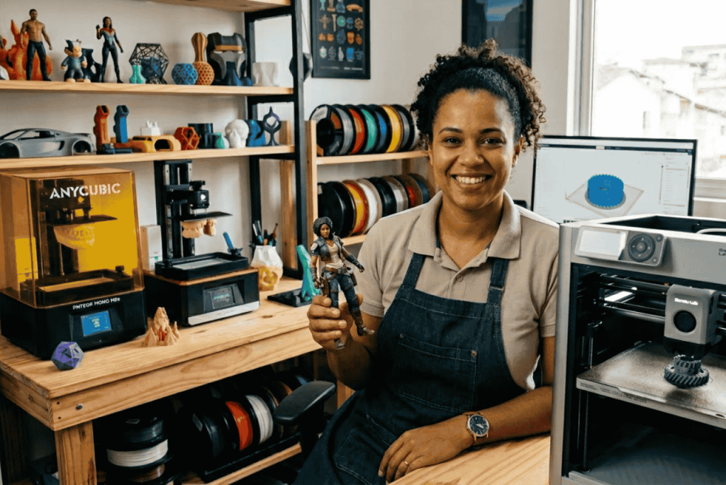 Uma empreendedora brasileira sorridente em seu ateliê de costura e artesanato, segurando bonecas de pano personalizadas e mostrando como ganhar dinheiro com impressora 3D para criar acessórios e moldes exclusivos, cercada por carretéis de linha, tecidos coloridos e equipamentos de impressão.