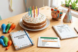 Mesa de planejamento com bolo e orçamento para economizar em aniversário infantil, ao lado de cofrinho e balões