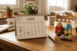 calendário sobre uma mesa com os feriados de abril destacados e ao lado de ovos de chocolate