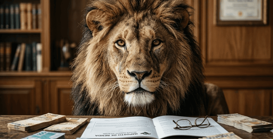 leão em um escritório representando o imposto de renda retido na fonte