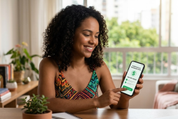 mulher usando o celular para pesquisar o melhor banco para antecipar FGTS