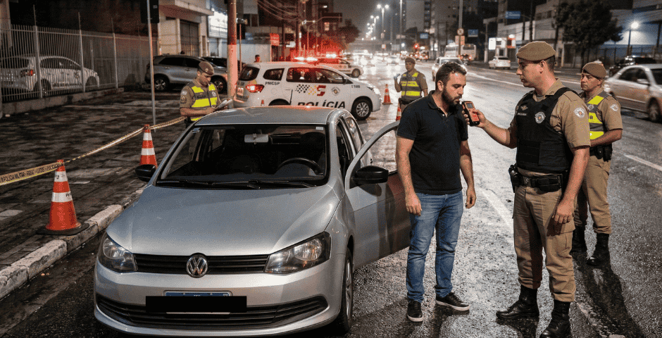 motorista realizando teste do bafômetro em blitz levando multa gravíssima dirigir embriagado valor