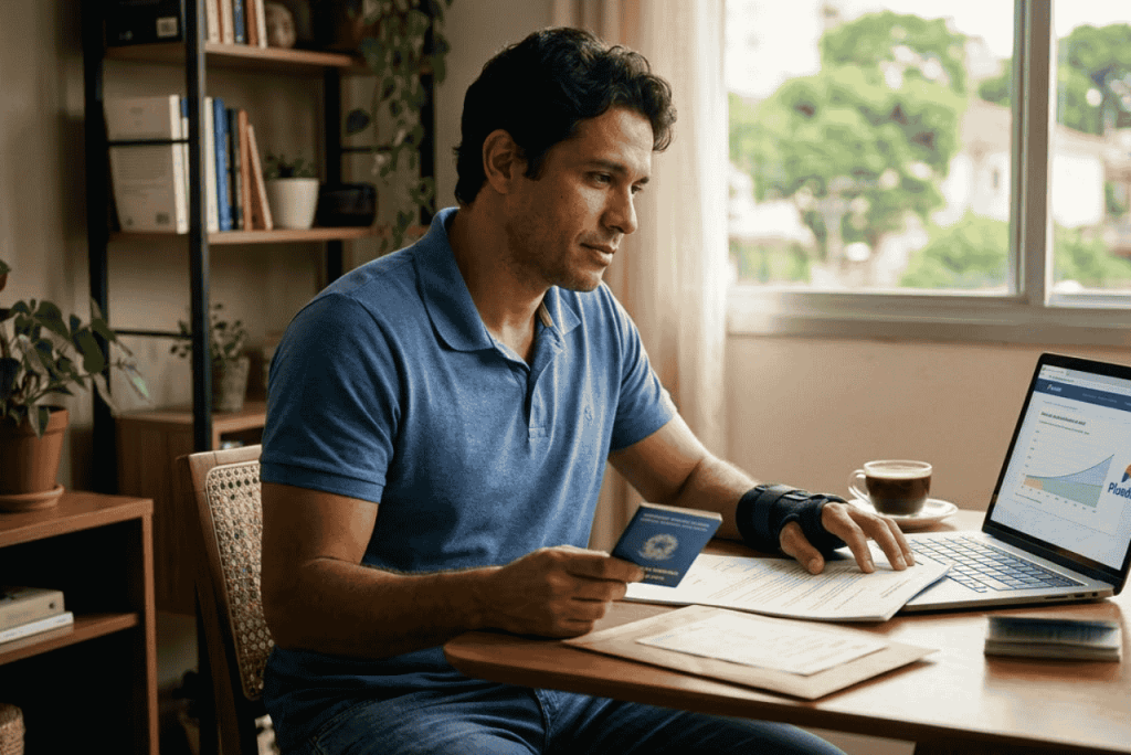 homem segurando carteira de trabalho e usando o computador para ilustrar qual o valor da indenização por ser demitido doente