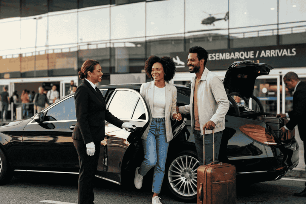 Casal sorridente de brasileiros desembarcando de um carro de luxo em frente ao terminal de aeroporto, representando os top 3 cartões que oferecem transfer com serviço de motorista particular.
