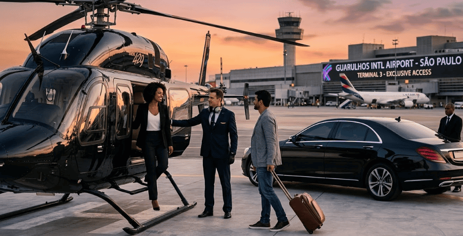Fotografia profissional mostrando um transfer de helicóptero exclusivo no aeroporto de Guarulhos, São Paulo, com um casal brasileiro desembarcando da aeronave direto para um carro de luxo na pista, simbolizando os benefícios dos cartões de crédito premium