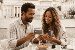 duas pessoas em um café em Lisboa usando um dos Cartões com spread zero para pagar a conta