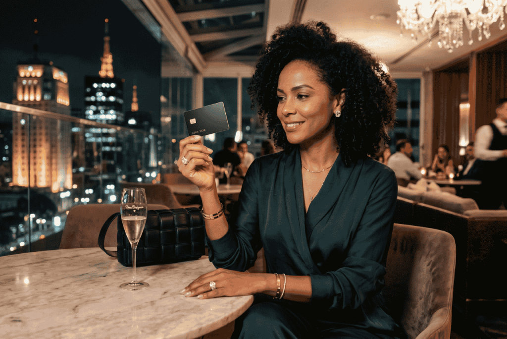 mulher em um restaurante chique segurando um cartão de crédito e aproveitando os benefícios dos Cartões para ricos