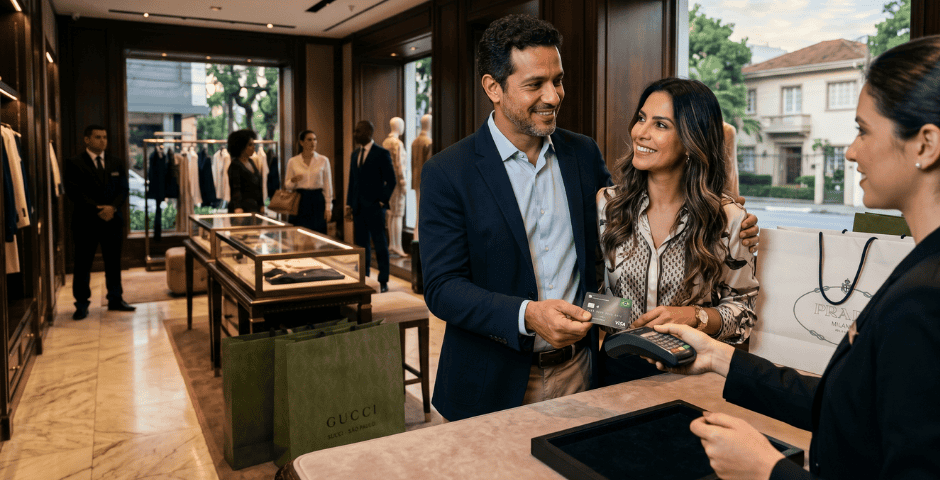 casal fazendo compras com o seu cartão de crédito com Limite alto e flexível