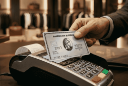uma pessoa usando o cartão the platinum card para pagar uma compra e ilustrar os Melhores cartões Amex