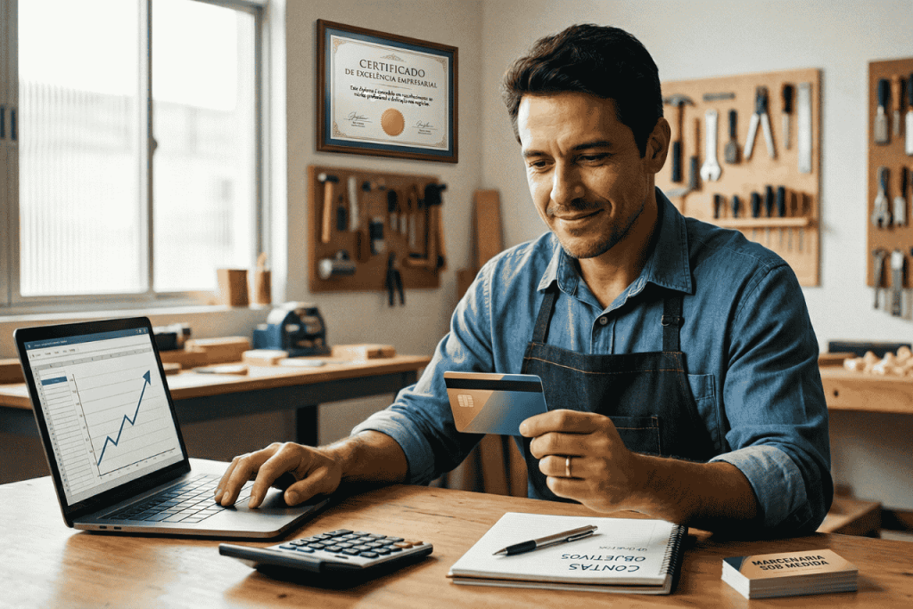 homem sentado em uma mesa olhando para um cartão para ilustrar se Posso obter um cartão de crédito para MEI mesmo com o CPF sujo