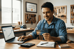 homem sentado em uma mesa olhando para um cartão para ilustrar se Posso obter um cartão de crédito para MEI mesmo com o CPF sujo