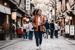 Turista brasileira explorando rua tradicional japonesa em post sobre quanto custa uma viagem para o Japão