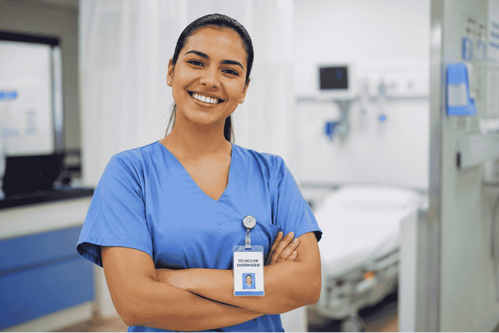 uma mulher técnica em enfermagem sorrindo ilustrando Quanto ganha um técnico em enfermagem
