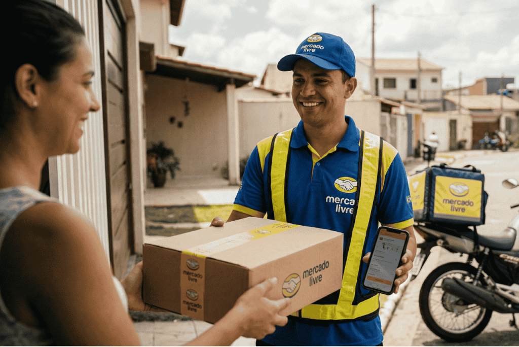 um entregador entregando um pacote a um cliente para ilustrar Quanto o Mercado Livre paga por entrega