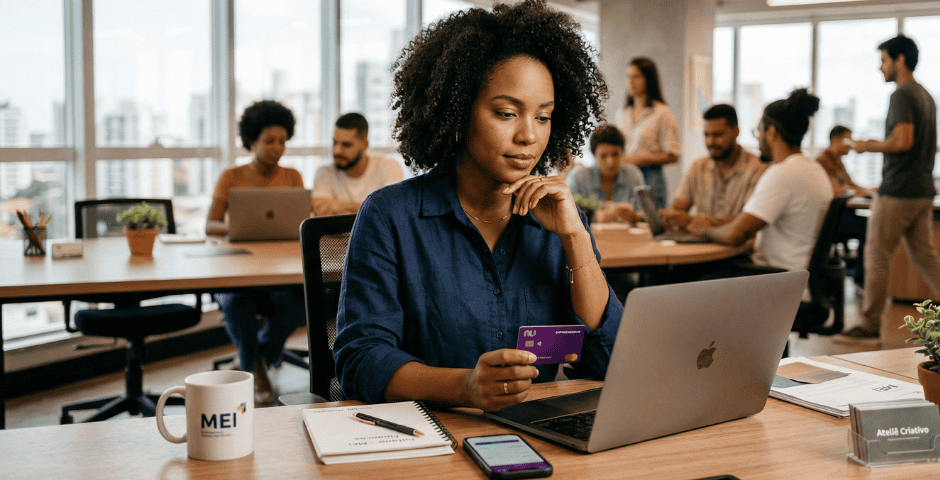 mulher em frente ao computador segurando um cartão de crédito para mei negativado