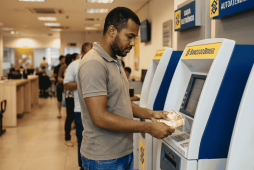 homem em uma agência usando o caixa eletrônico para representar como depositar dinheiro no Banco do Brasil