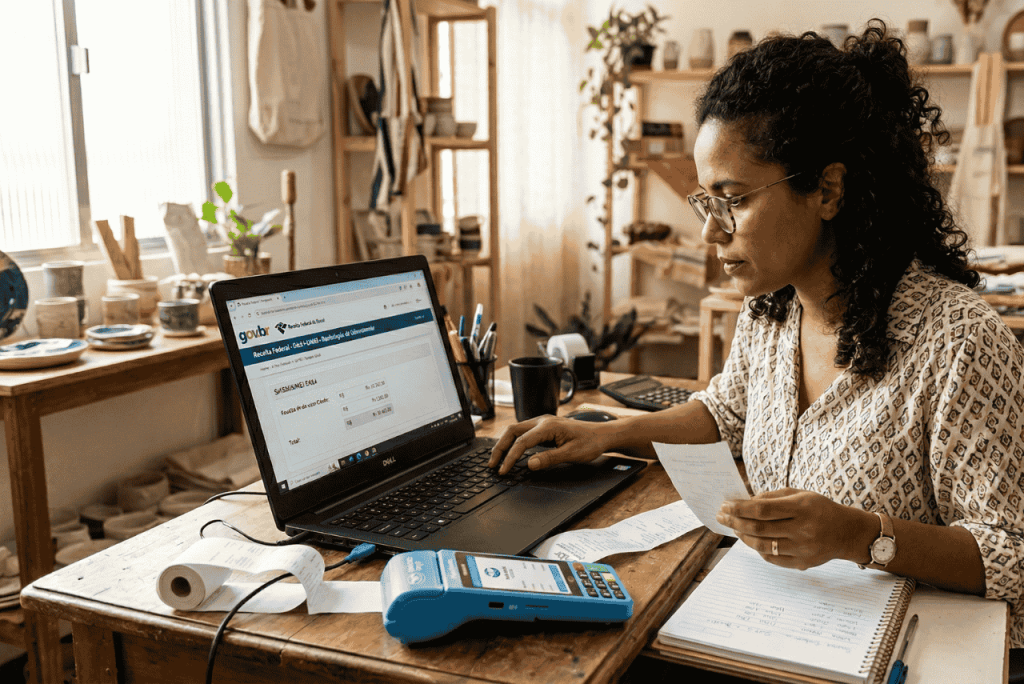 mulher usando o computador para declarar vendas no cartão de crédito MEI