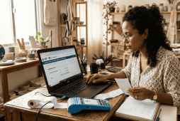 mulher usando o computador para declarar vendas no cartão de crédito MEI