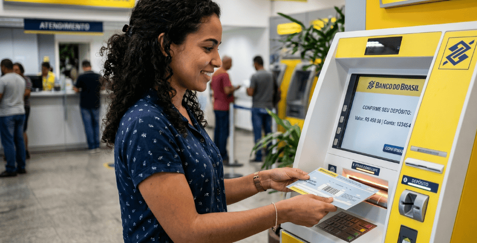 mulher usando envelope para depositar dinheiro no Banco do Brasil