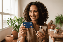 mulher segurando um cartão e um celular para consultar a fatura Tricard