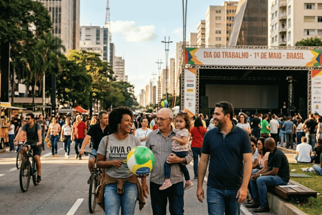 pessoas na rua comemorando um dos feriados de maio