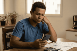 Homem brasileiro preocupado com a situação: fiz empréstimo do FGTS e fui demitido. Ele segura o celular e analisa papéis da rescisão sobre a mesa.