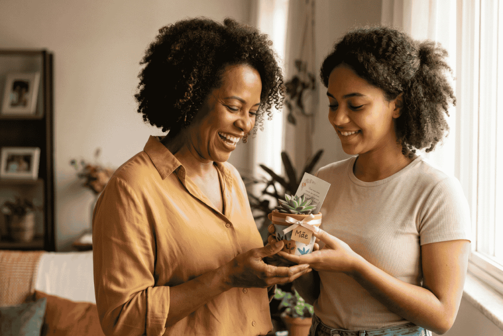 menina entregando presente para a sua mãe ilustrando as lembrancinhas para o Dia das Mães