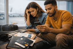 Casal em aeroporto preocupado com quanto o cartão reembolsa cancelamento de viagem