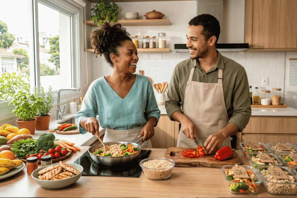 um casal cozinhando um Cardápio semanal econômico