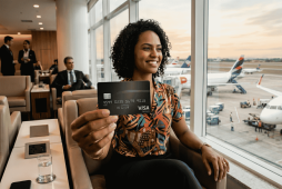uma mulher esperando um voo em um aeroporto e segurando um dos Cartões para viagens internacionais