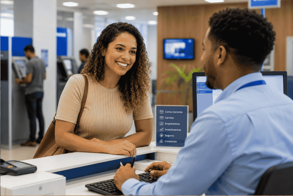 uma mulher sendo atendida em uma agência de banco para ilustrar o Feriado bancário