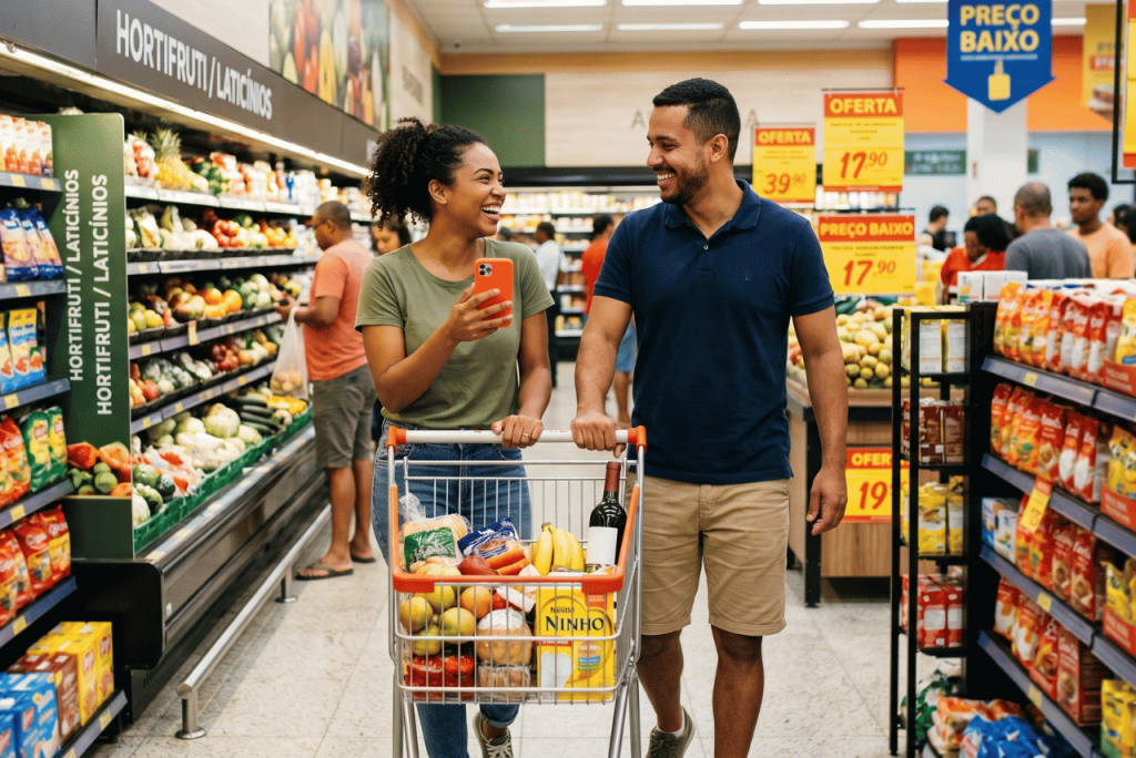 casal fazendo compras no supermercado para ilustrar o Minhas Vantagens Itaú