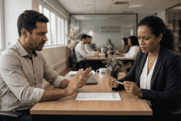 um homem sentado na mesa em frente a uma funcionária do rh para ilustrar O que acontece se eu não assinar a rescisão