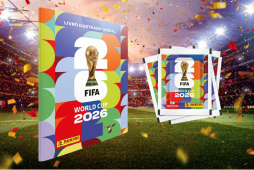 livro ilustrado e pacote de figurinhas com um estádio ao fundo para representar Onde comprar o álbum da Copa do Mundo 2026