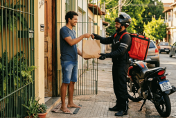 homem recebendo encomenda de um entregador após aprender a economizar no delivery