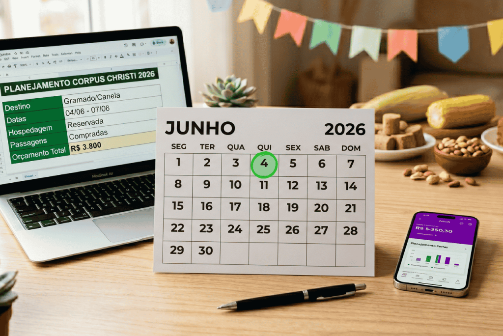 calendário com destaque para os feriados de junho sobre uma mesa com um computador e um celular ao lado. ao fundo estão elementos de festa junina