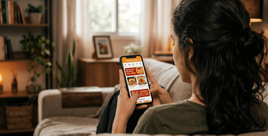 mulher pedindo comida após aprender a economizar no delivery