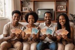 uma família sentada no sofá segurando notas de dinheiro para ilustrar o que é renda per capita