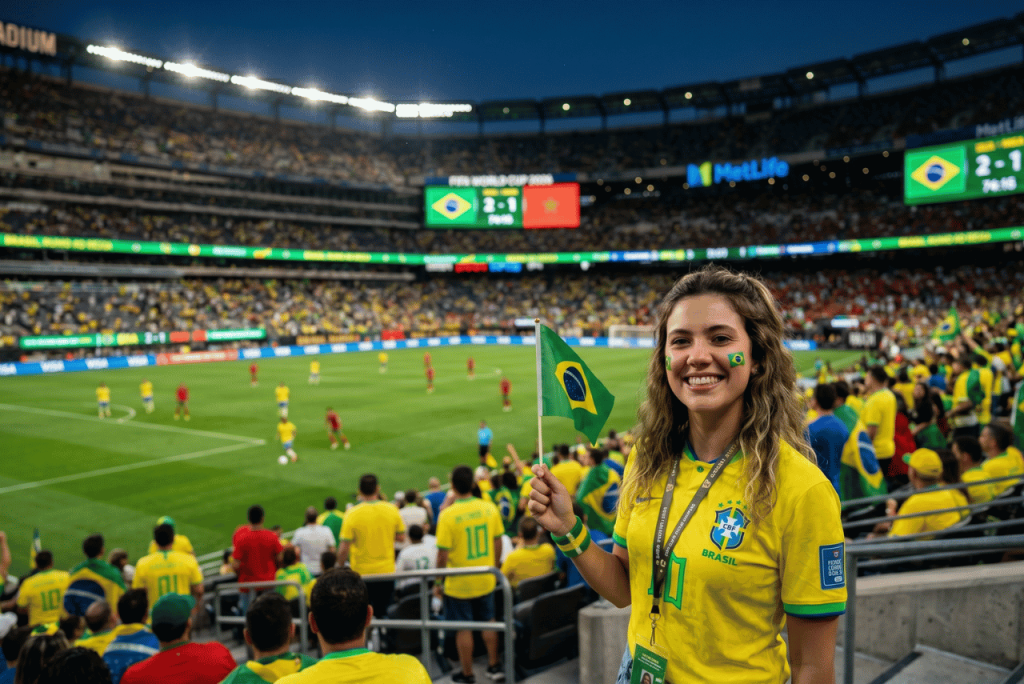 uma torcedora brasileira no estádio para representar quanto custa um ingresso para Copa do Mundo